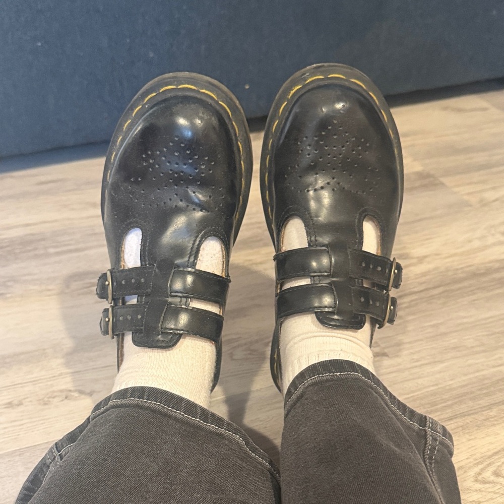 Dr. Martens Black Leather Double-Strap Flats with Yellow Stitching